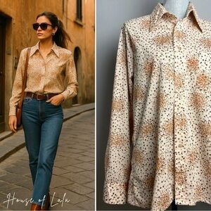 VINTAGE 70s dagger collar button down top blouse vintage pattern tan cream brown